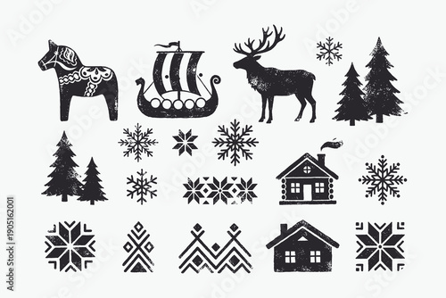 Scandinavian Nordic Symbols Set. Black Grunge Silhouettes of Winter, Folk, and Hygge Elements.