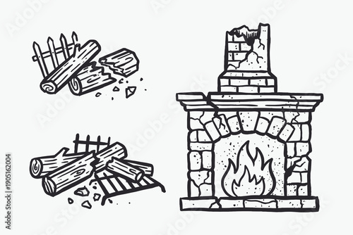 Vintage black and white illustration of an old stone fireplace and rustic firewood logs.