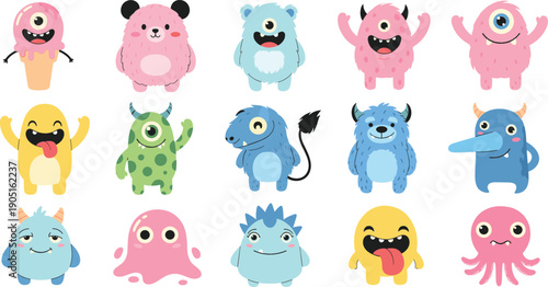 Set of cute colorful monster characters in pink, blue, and yellow, flat vector illustrations for children's birthday parties, stickers, and whimsical patterns.