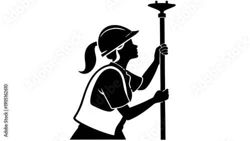 Female Surveyor Wearing Hard Hat Holding GPS Rod Silhouette Profile,  A side-profile silhouette of a female land surveyor wearing a hard hat and vest, holding a GPS rod and looking upwards