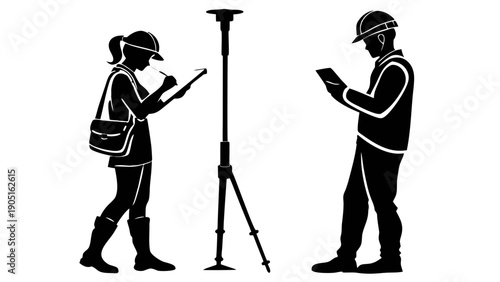 Two Land Surveyors with GPS on Tripod and Tablet Silhouette Team,  Silhouettes of two land surveyors; a woman on the left writing on a clipboard near a GPS antenna on a tripod, and a man on the right 