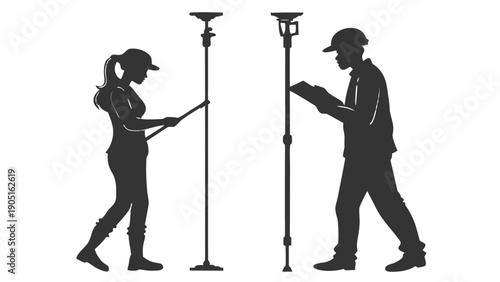 Silhouette of Two Female Surveyors with Ranging Pole and Clipboard, GNSS GPS Pole, woman holds a ranging pole, and the man holds a clipboard and pen, with a tripod visible in the background