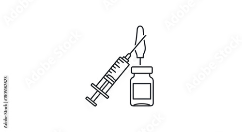 Medical syringe and vial icon, simple line art illustration