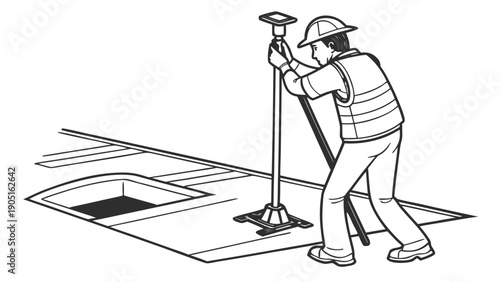 Land Surveyor with GPS Rover and Hard Hat Line Art Illustration,  Male land surveyor wearing a hard hat, safety vest, using a GPS rover on a pole to measure a point near a square manhole cover, GNSS