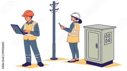 Team of Land Surveyors with Total Station, near Utility Pole, The man holds a tablet while the woman uses a total station on a tripod, near a wooden utility pole and a metal electrical box,  GNSS Pole