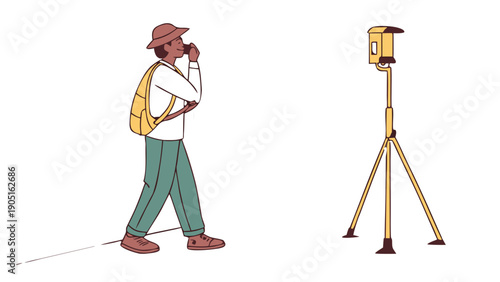 Land surveyor using total station optical instrument on tripod for measurement, flat vector illustration,  wearing a hat and backpack, operating a total station surveying instrument, GNSS GPS Pole