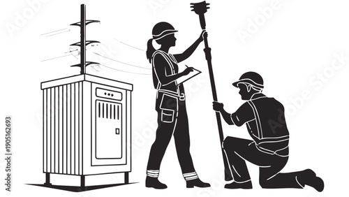 Electrical Utility Workers Silhouette Vector. Female and male technicians with hot stick, transformer box, and power lines,  A female technician with a clipboard stands next to a transformer box 