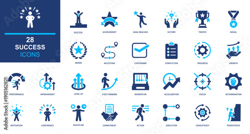 28 success icon set. solid style icon collection