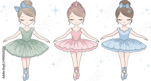 Set of cute kawaii ballerina girls in pastel tutus and tiaras, graceful fairy princess characters for children's birthday invitations.