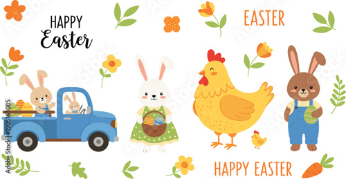 Set of cute Happy Easter vector illustrations featuring bunnies, a blue truck with eggs, a hen, and spring flowers for greeting cards.