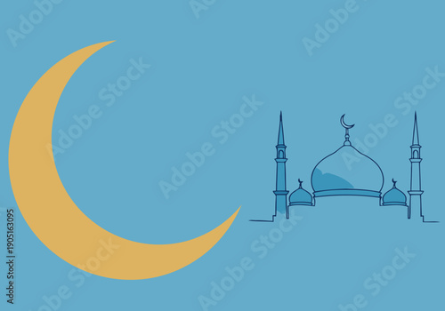 Celebrate Ramadan Eid with this vibrant banner featuring a crescent moon, mosque silhouette, and festive text. A visually appealing design perfect for promotional materials.