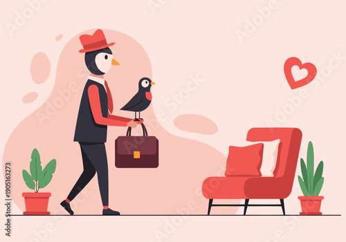 A penguin delivery service character delivers a bird on Valentine's Day. Flat illustration, modern style, perfect for Valentine's Day marketing.