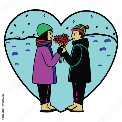 Romantic Winter Couple Exchanging Flowers Inside Heart Shape Illustration for Valentine Day Love Theme