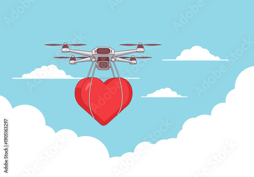 A pink drone delivers a heart-shaped gift against a cloudy sky.  Modern, vibrant, and perfect for Valentine's Day or delivery concepts.