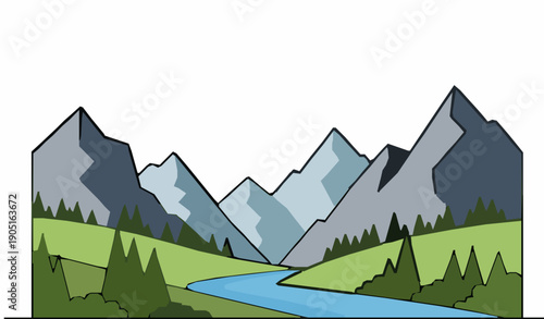 Forest mountain and river vector illustration representing peaceful natural landscape and eco adventure