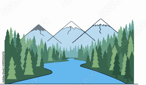 Forests mountains and river vector illustration with outdoor nature landscape in modern flat style