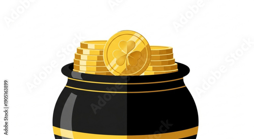 Black pot filled with shiny gold coins on white background symbolizing wealth