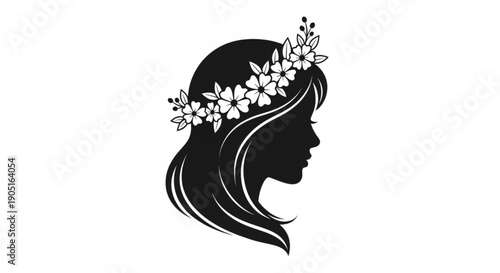 Woman's silhouette with flowing hair and floral crown on white background