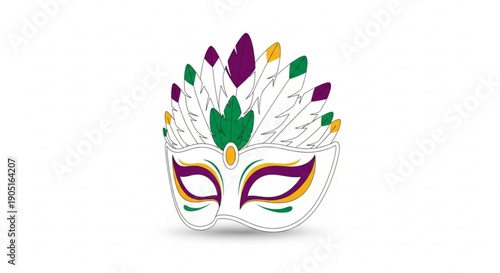 Vibrant mardi gras mask with colorful feathers and ornate design on white background