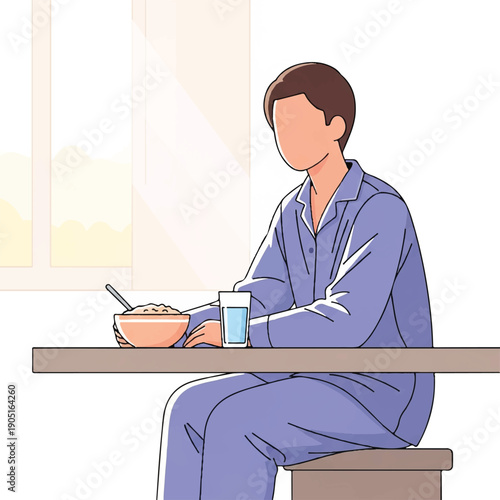 Illustration of a man sitting at a table eating a bowl of cereal with a glass of milk in a simple room with a window.