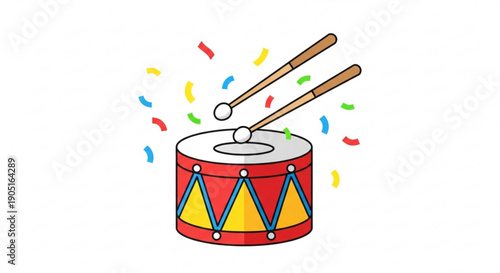 Colorful drum with confetti and drumsticks for celebration