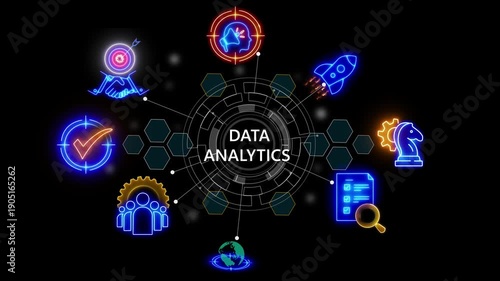 Data analytics concept, infographic dashboard showing KPIs performance . holographic futuristic technology matrix global security with digital spot light and stretch glowing 4k video animation