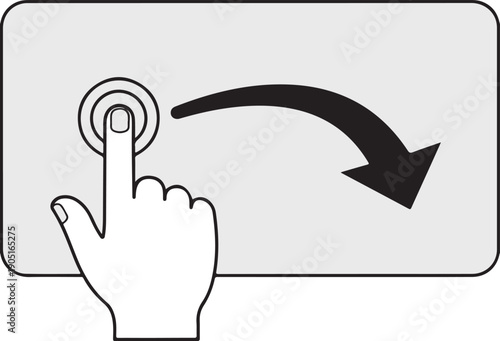 Hand touching screen with a finger tap gesture and a curved arrow indicating a swipe right motion on a white display