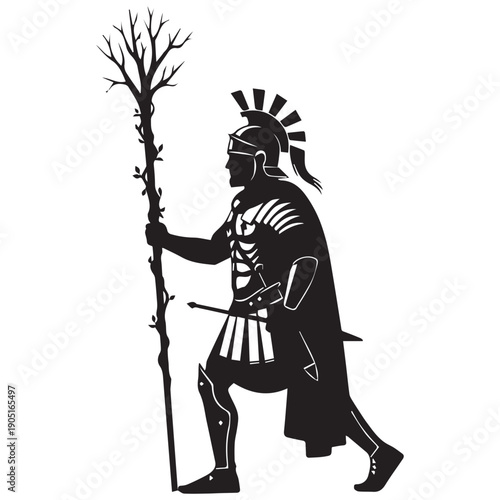 Ancient Roman soldier marching with spear and shield