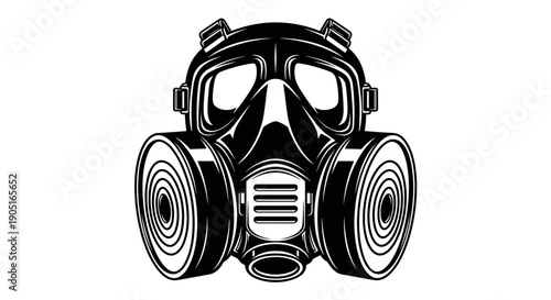 A black and white illustration of a gas mask with filter canisters on either side