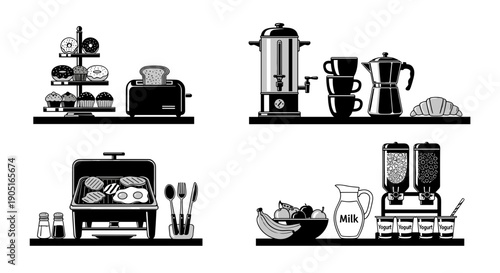 A minimalist black and white vector illustration of various kitchen appliances and food items on shelves