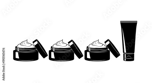 A minimalist vector illustration of skincare products including jars and tubes in a flat design style