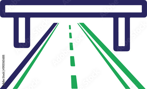 Stylized highway illustration featuring green lane markings and blue bridge overpass structure for modern transit and logistics concepts