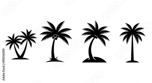 A set of four black palm tree silhouettes on a white background in a minimalist flat design style