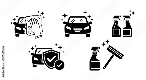 A set of black and white vector icons depicting car cleaning and protection services