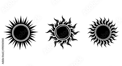 A set of three black sun icons with varying ray designs on a white background
