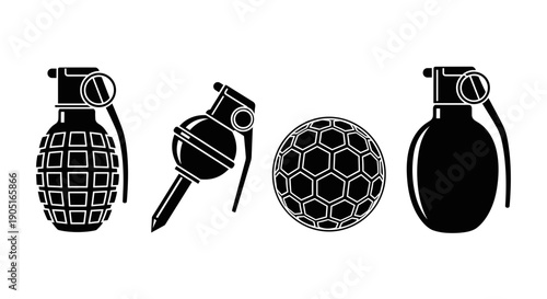 A set of four black and white vector graphics depicting various types of explosive devices and a soccer ball