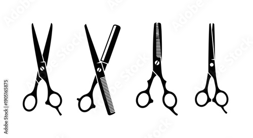 A set of four black and white scissors illustrations on a plain background