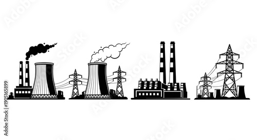A black and white vector graphic illustration of industrial factories and power plants with smokestacks and transmission towers