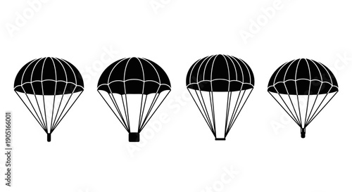 A set of four black parachute icons in different descent positions on a white background