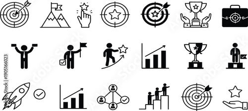 Business Success and Achievement Icon Set Featuring Goals, Targets, Growth Charts, Leadership, Awards, Career Progress, and Performance Motivation Symbols
