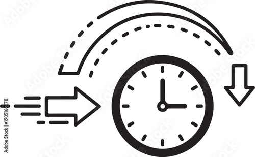 Time optimization concept illustration with analog clock face surrounded by motion path arrows representing fast turn around speed in work