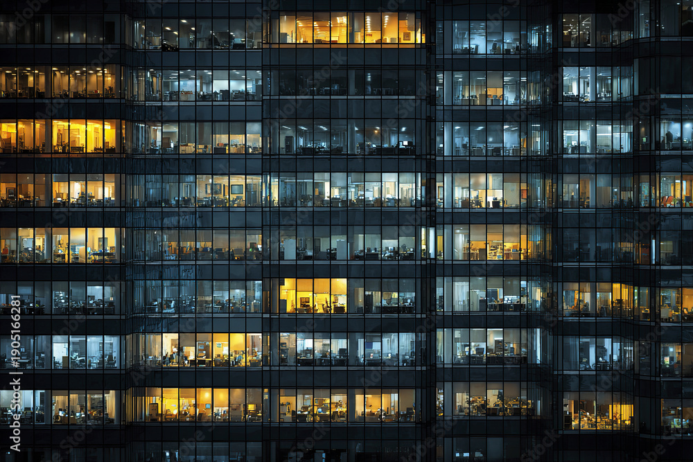 Fototapeta premium Modern office building facade at night with illuminated windows showing various workspaces and desks in city environment, creating vibrant and busy atmosphere
