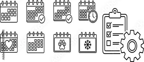 Calendar and Task Management Line Icon Set with Schedule Planning, Checklist, Settings, Reminder, and Event Symbols for Productivity Apps
