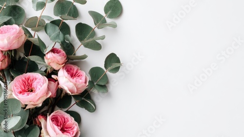 A beautiful bouquet of pink roses and eucalyptus leaves on a white background.