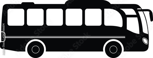 Black bus silhouette side view icon, public transportation vehicle illustration for urban travel, passenger transit and city mobility concept isolated on white background
