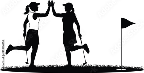 Black silhouette of female golfers celebrating with high five on green, teamwork and success concept, sport competition, golf victory moment illustration on white background