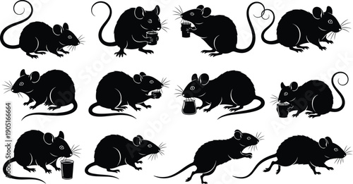 Black silhouette rat character set in various poses and actions, rodent animal illustration collection, pest control, wildlife, biology, and mascot design concept isolated on white background
