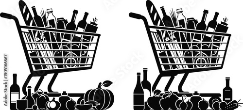 Black silhouette shopping cart filled with groceries and bottles, supermarket and food shopping concept, retail consumption, grocery store illustration isolated on white background