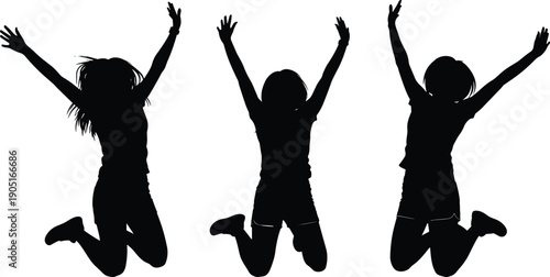 Black silhouettes of joyful girls jumping with raised arms, happiness and freedom concept, celebration, success, youth energy, positive emotion illustration isolated on white background