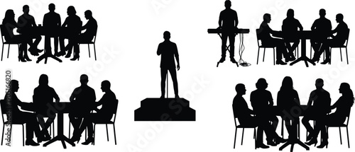 Business meeting and conference silhouettes with speaker on stage